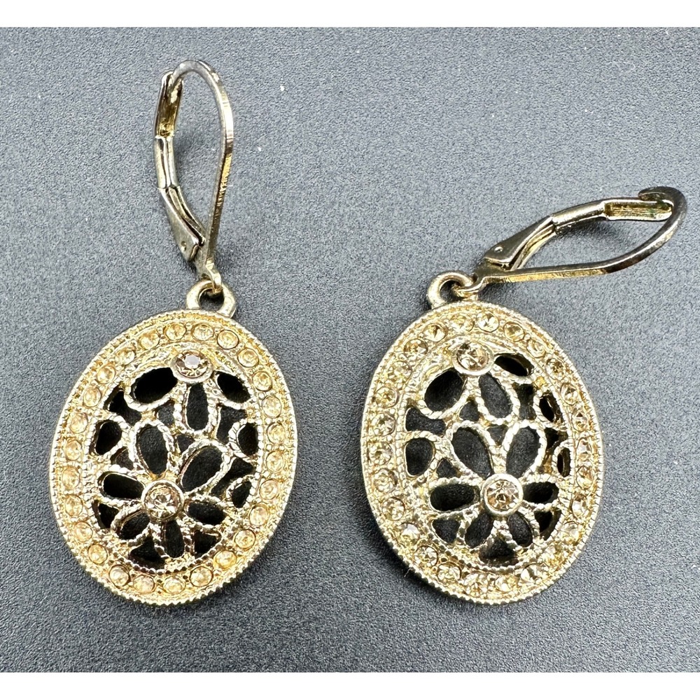 Monet Drop Earrings Gold Tone Crystal Filigree Leverback Vintage Style